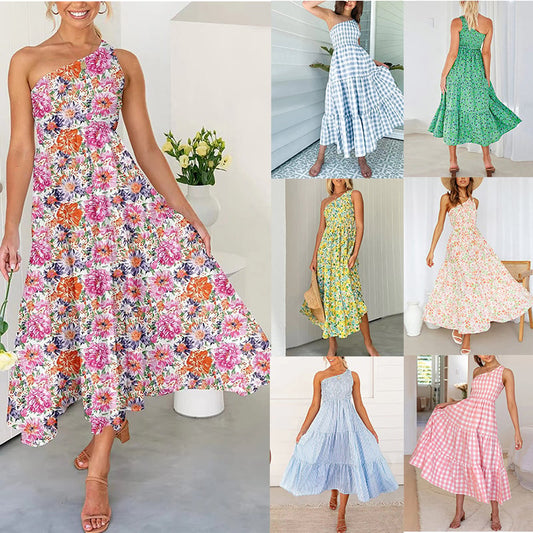 Women's 2023 Sommer böhmische eine Schulter ärmellos Smocked Rüschen gestaffelt Strand Maxi Sonne Kleid