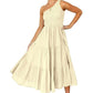 Women's 2023 Sommer böhmische eine Schulter ärmellos Smocked Rüschen gestaffelt Strand Maxi Sonne Kleid