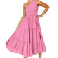 Women's 2023 Sommer böhmische eine Schulter ärmellos Smocked Rüschen gestaffelt Strand Maxi Sonne Kleid